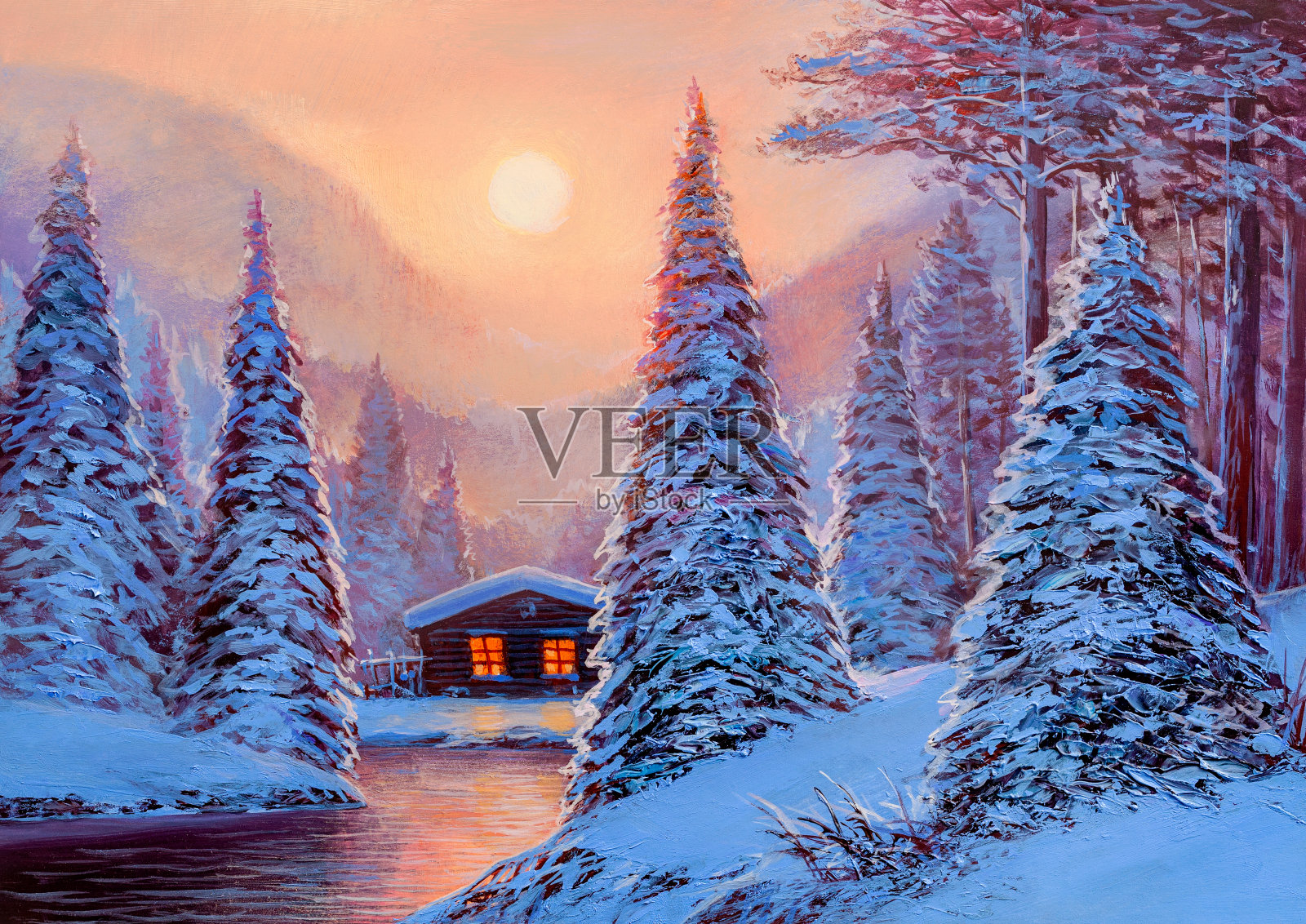 冬季景观河边有一座小木屋。油画风景。插画图片素材