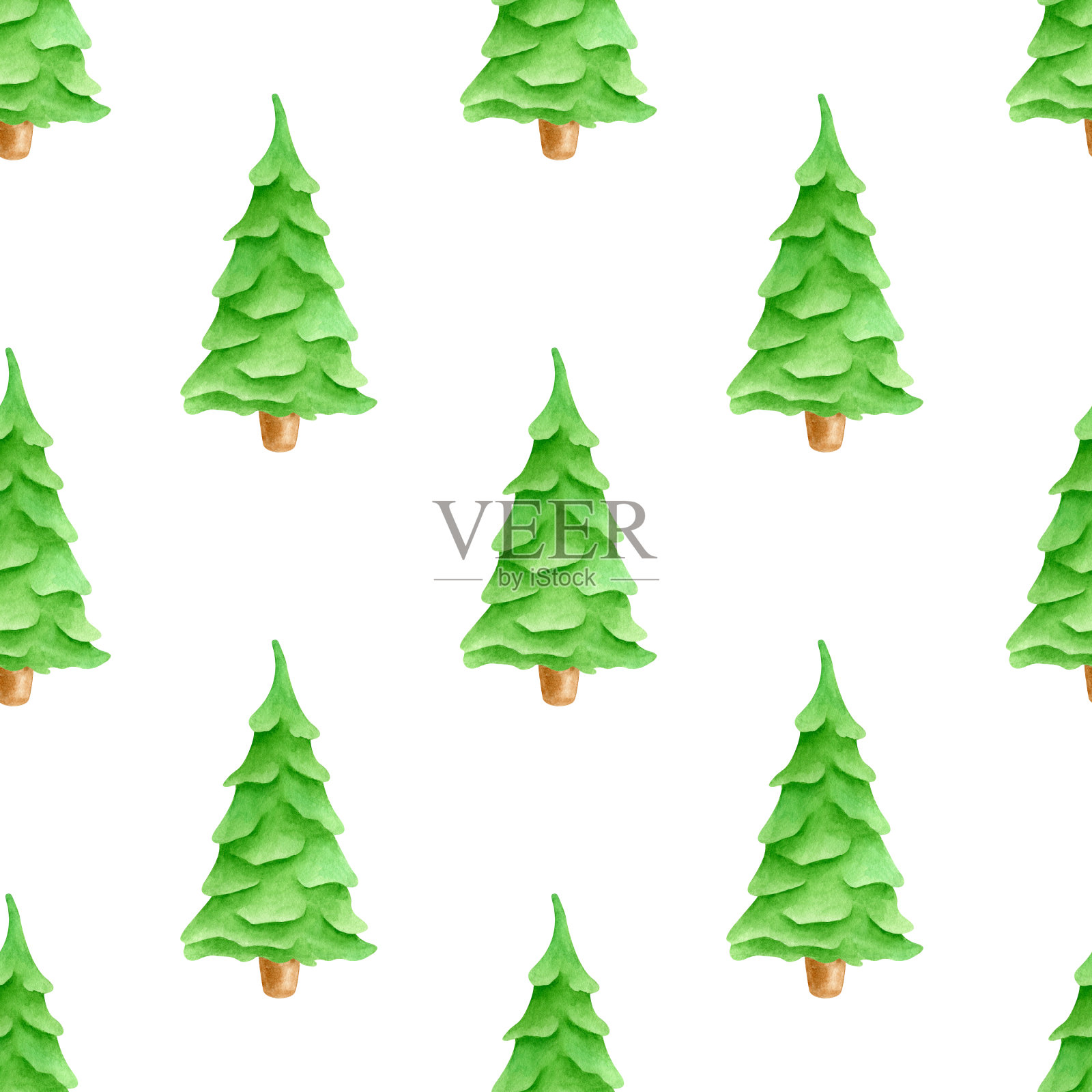 水彩无缝图案与可爱的绿色圣诞树。手绘常绿冷杉森林树木装饰孤立在白色的背景。包装纸插图，贺年设计。插画图片素材