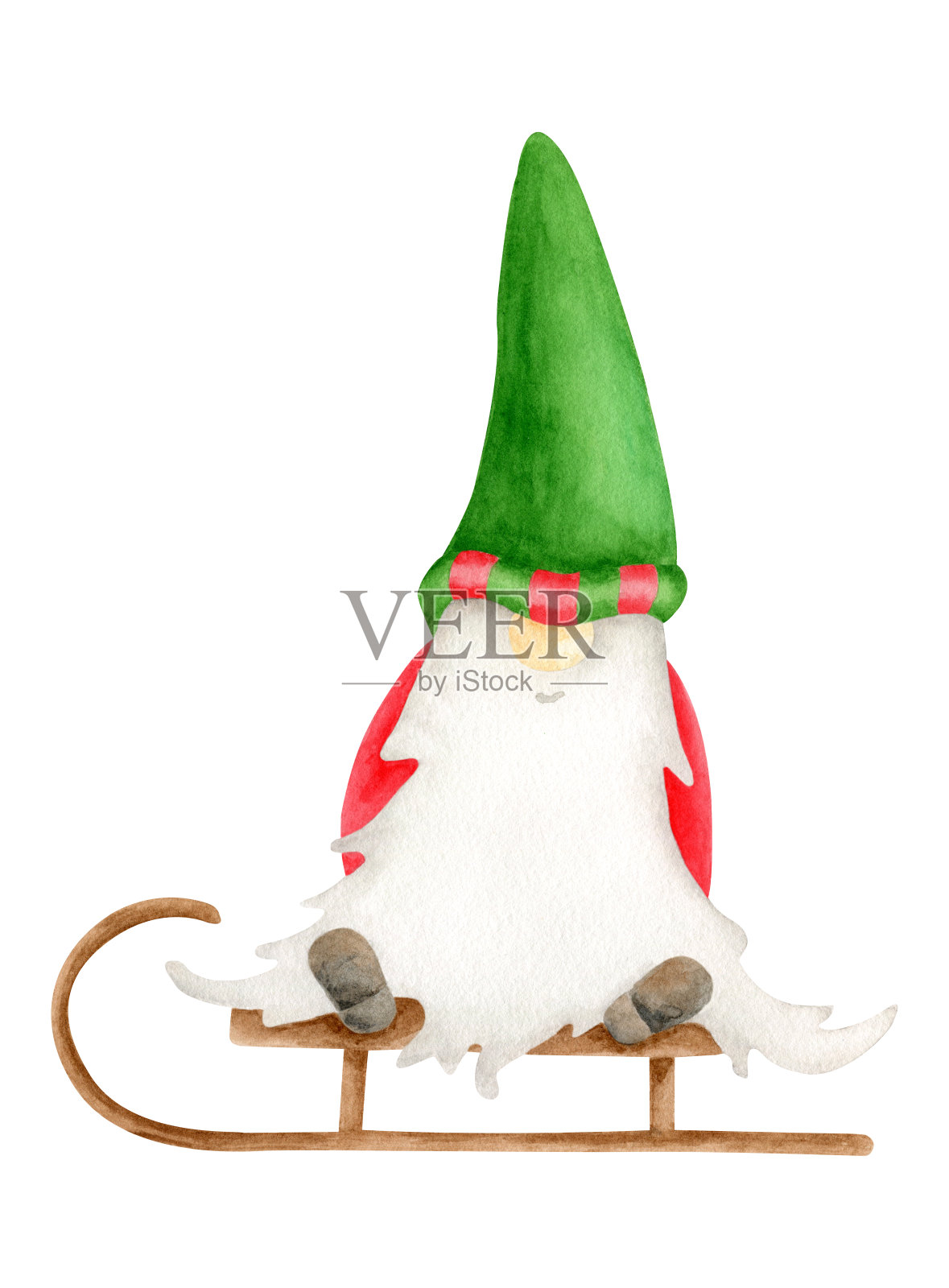 水彩画圣诞小精灵在雪橇上。手绘新年插图。北欧民间传说人物孤立在白色背景上。小圣诞老人新年包，卡片，圣诞装饰，海报，印刷品。插画图片素材