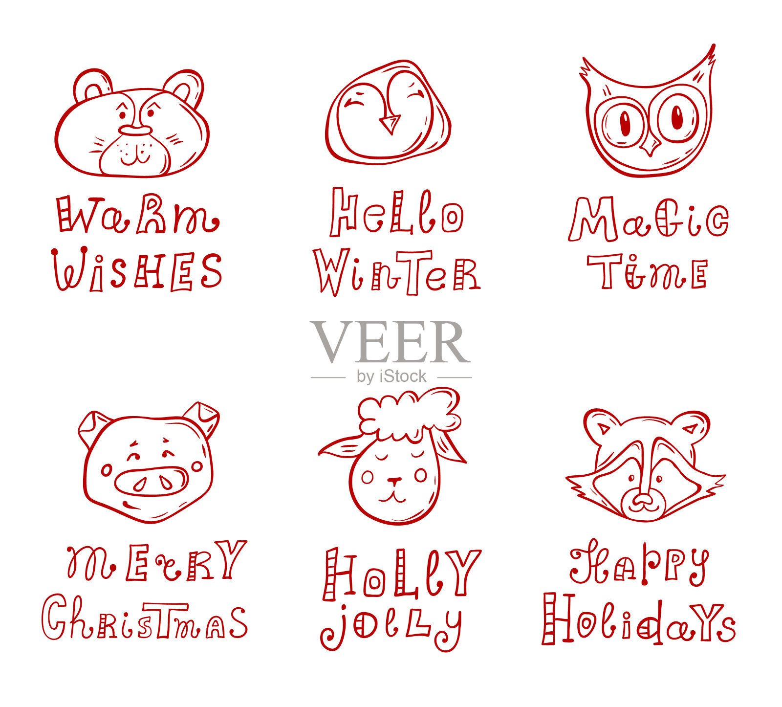 手绘的动物面孔和圣诞主题上的文字。一套向量贺卡。插画图片素材