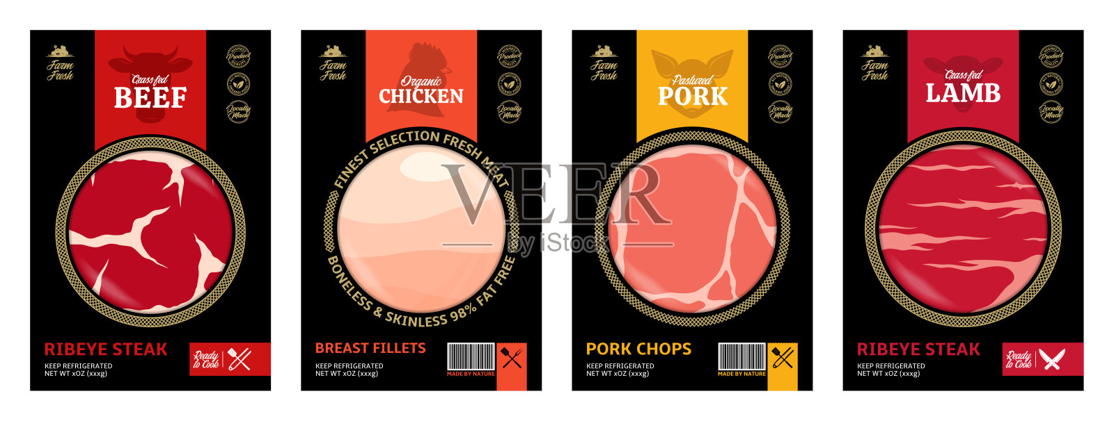向量的肉类包装。肉的纹理。农场动物图标插画图片素材