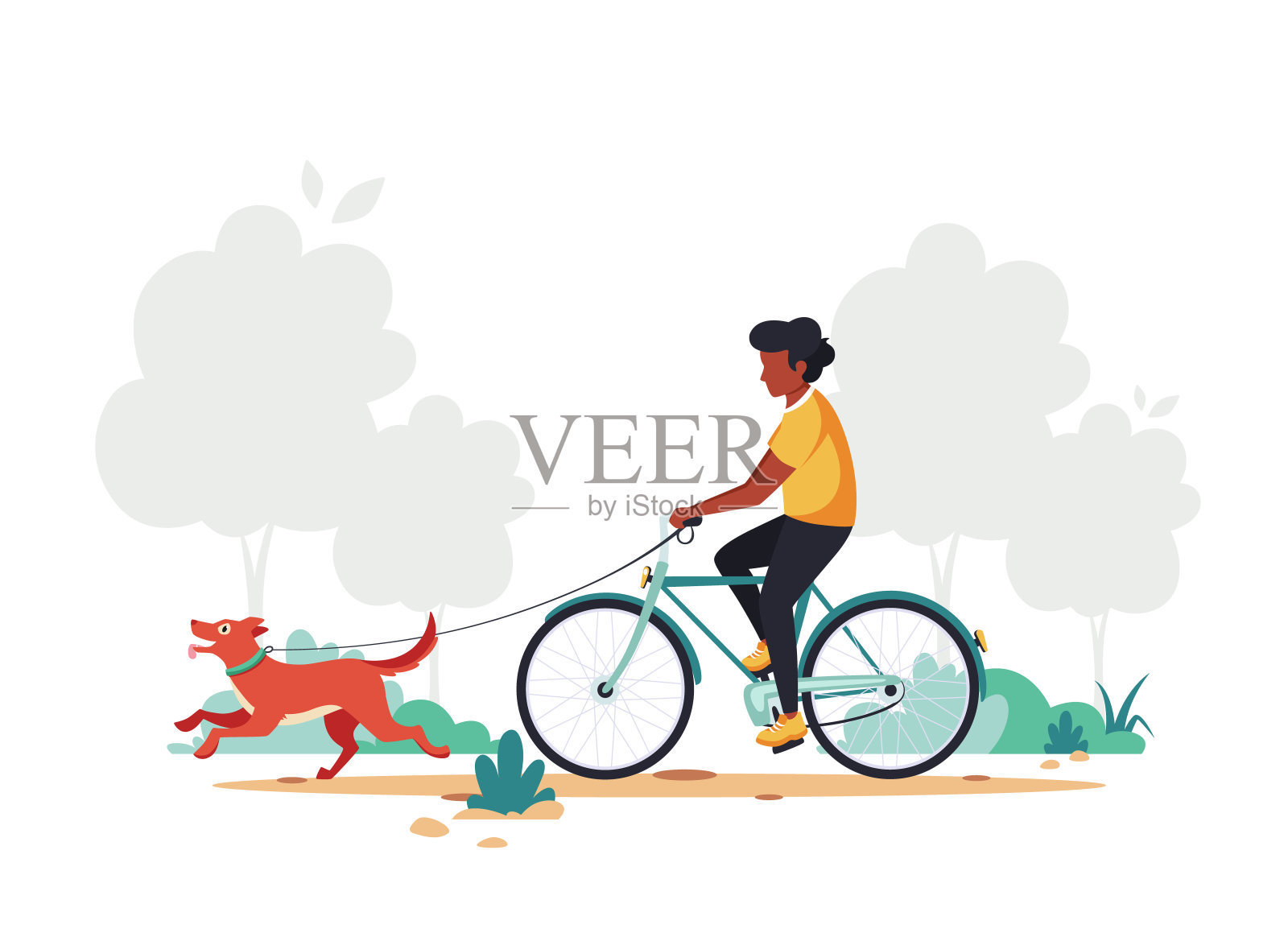 黑人和狗骑自行车。健康的生活方式，户外活动理念。矢量插图。插画图片素材