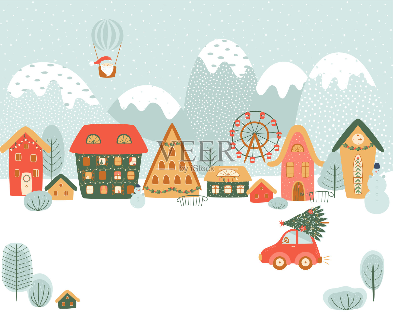 山上的神奇圣诞村。冬村、乡村、圣诞景观、汽车。可爱的卡通背景插画图片素材