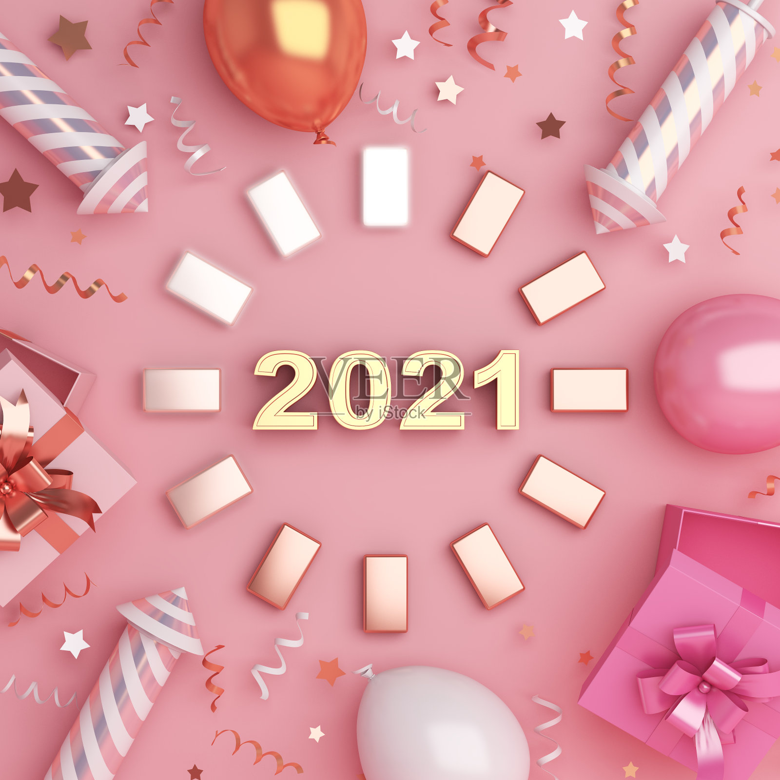 新年快乐2021背景概念烟花，气球，礼盒，五彩纸屑，加载进度条，3D渲染图照片摄影图片