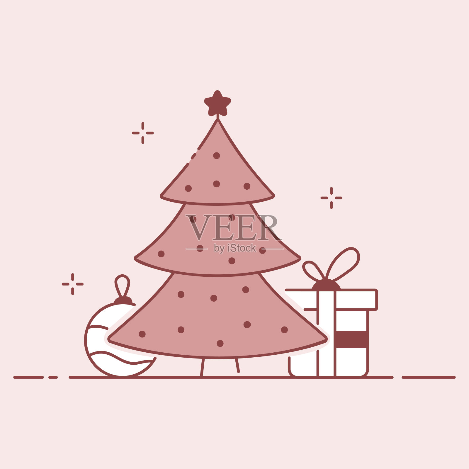圣诞树、礼物和装饰品组成寒假作文。圣诞节或新年平面插图。插画图片素材