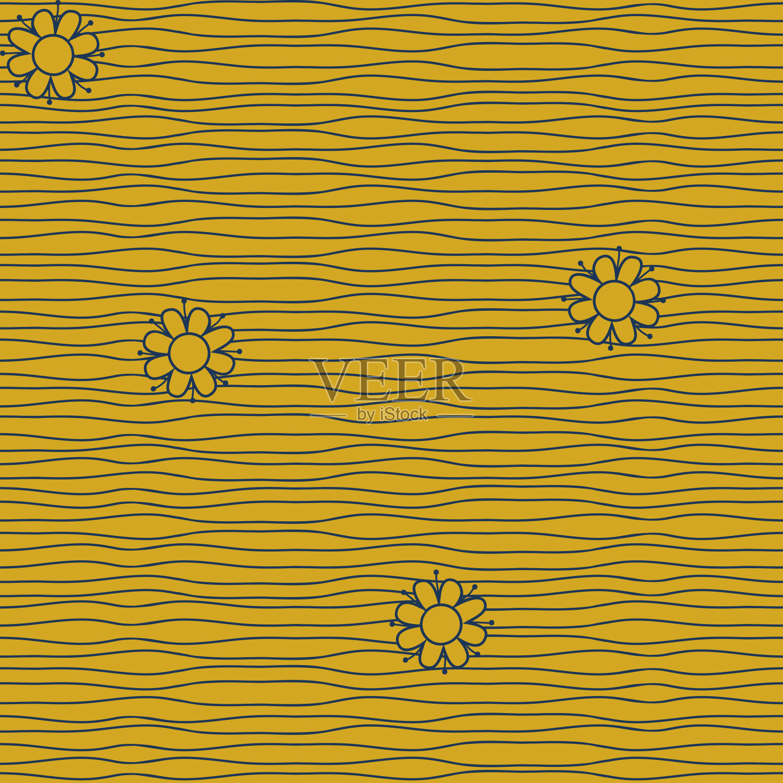无缝矢量模式与花在黄色的背景。简单的条纹花墙纸设计与雏菊。线条艺术质感时尚纺织品。插画图片素材