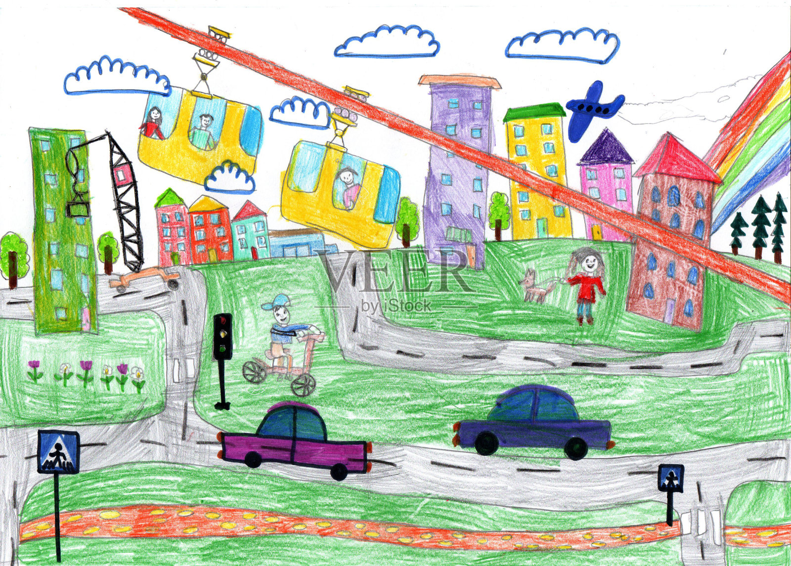 画建筑和汽车。幸福的家庭在散步。儿童风格的铅笔艺术插画图片素材