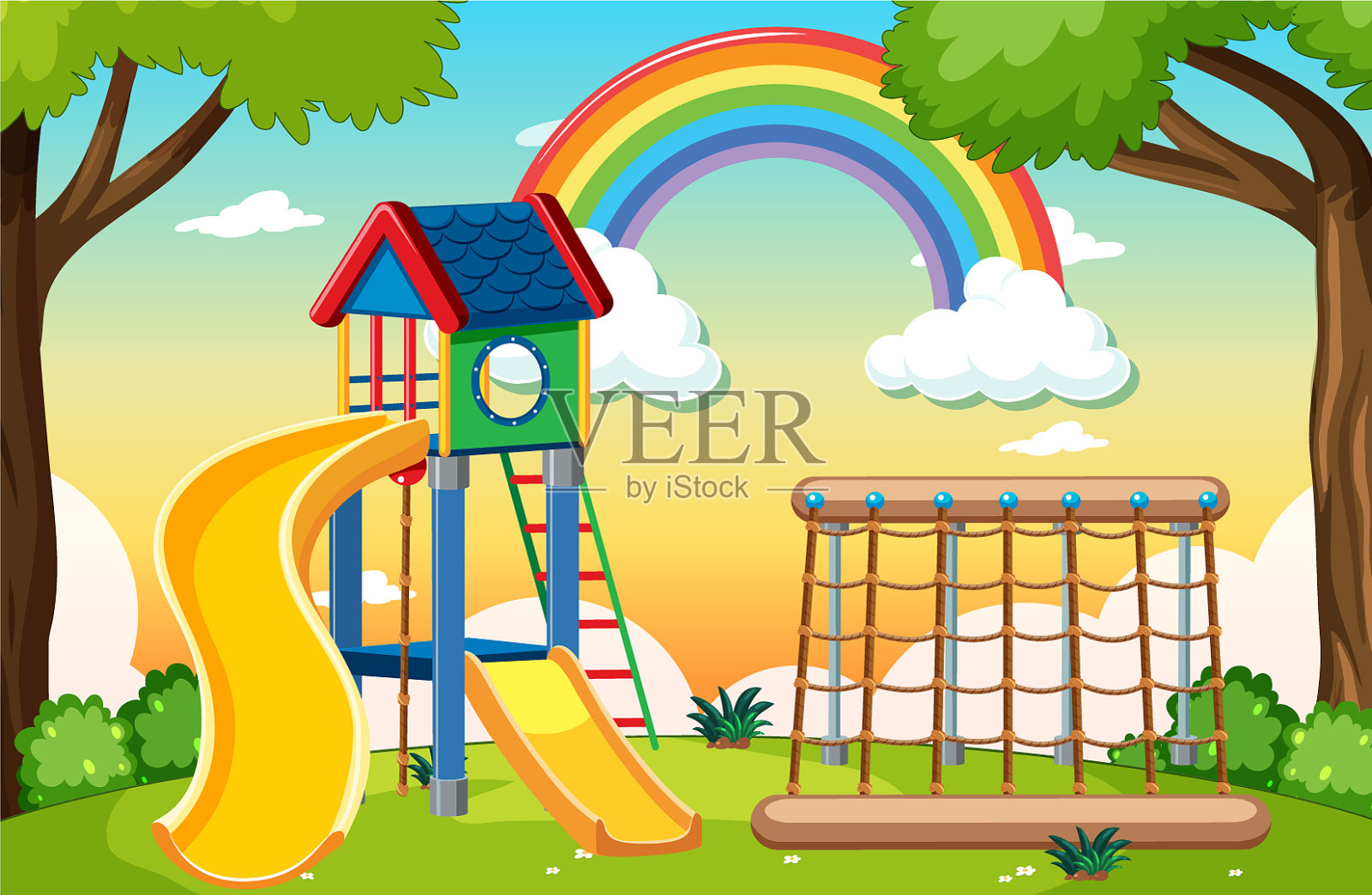 孩子们的操场上有彩虹在公园里插画图片素材