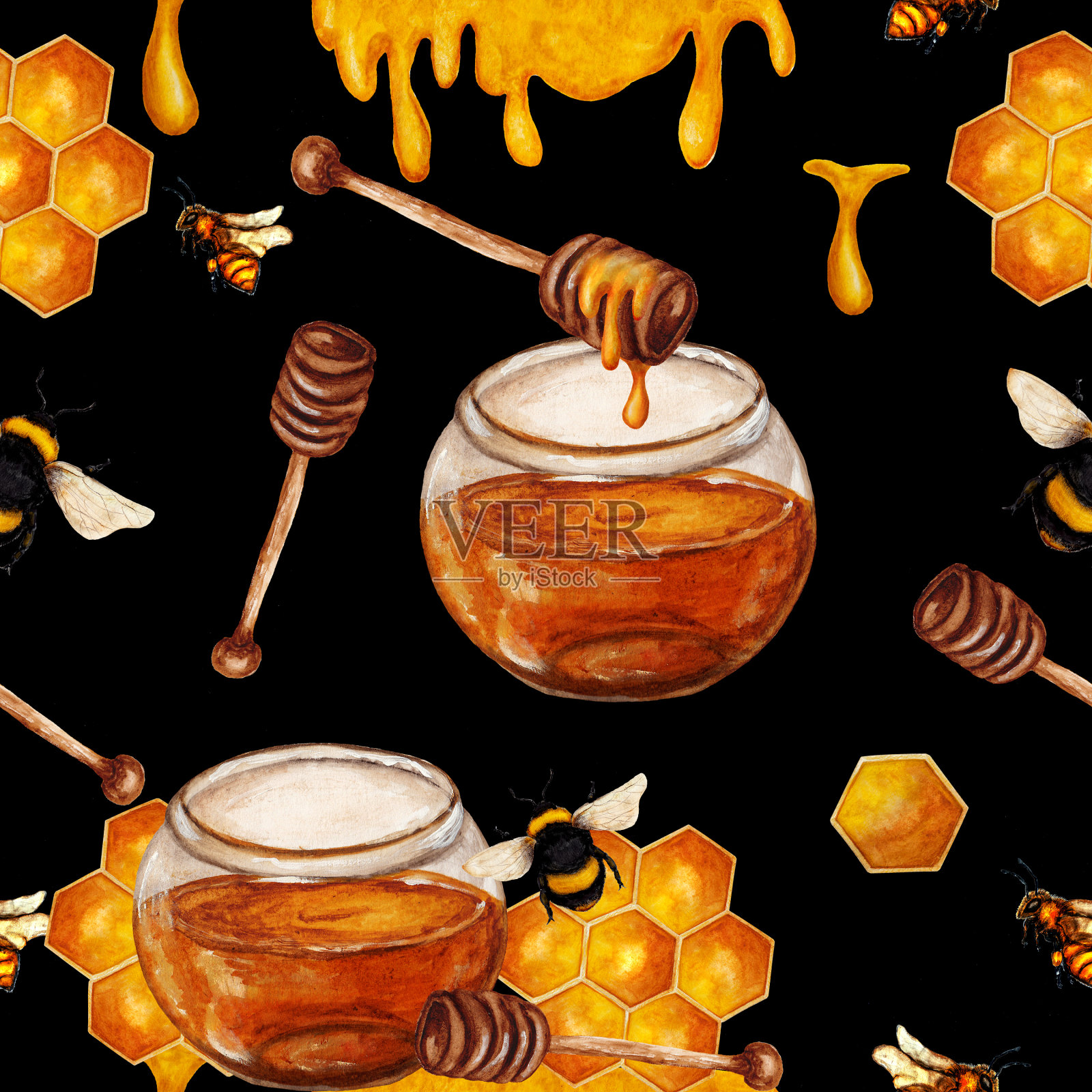 手工绘制的蜂蜜无缝图案，蜂巢与蜜蜂，重复食物图案插画图片素材