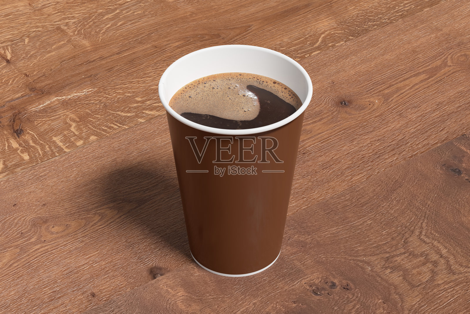咖啡吧带走咖啡纸杯，在木制的背景上模拟。照片摄影图片
