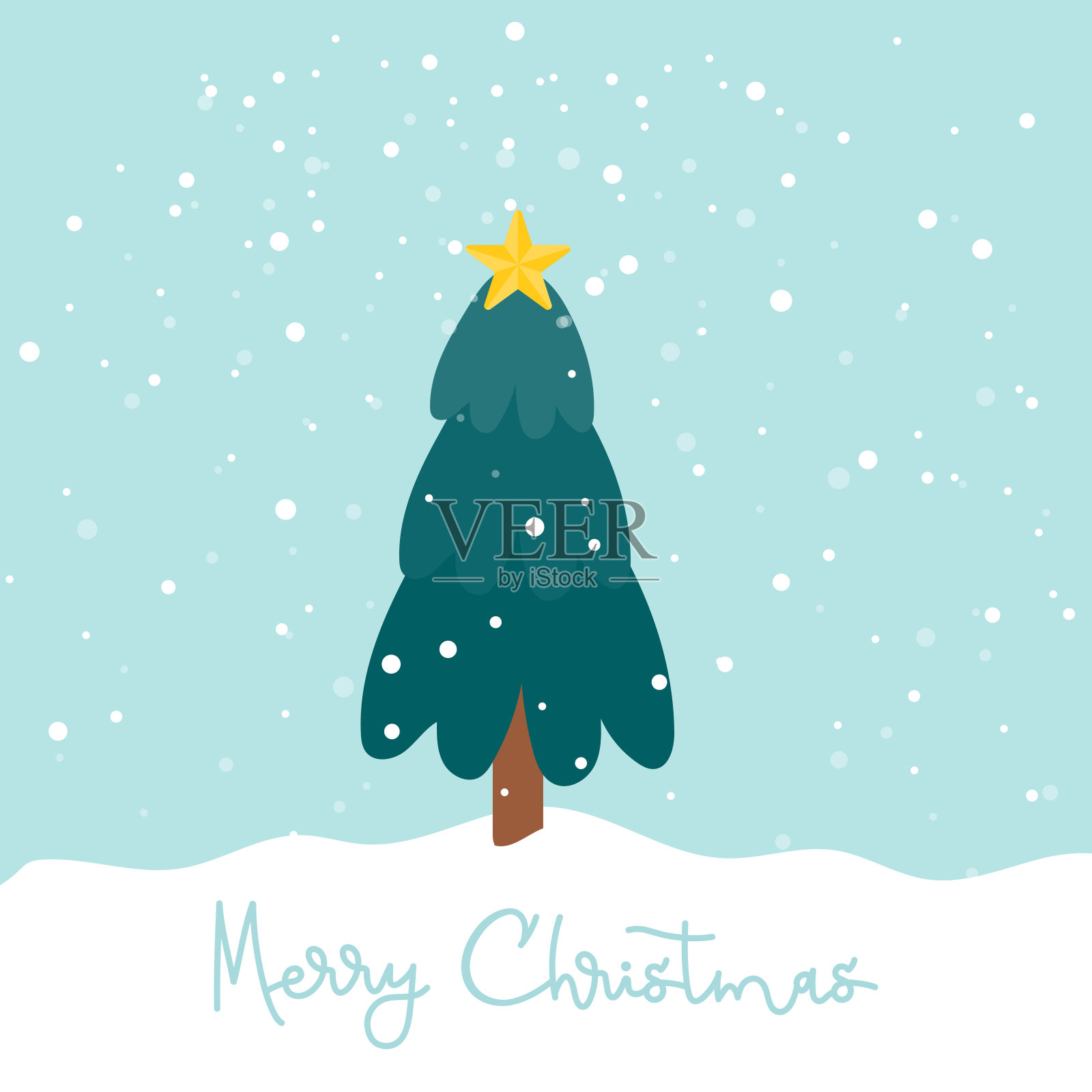 圣诞快乐。圣诞树与星星在下雪。在户外。矢量插图，平面设计插画图片素材