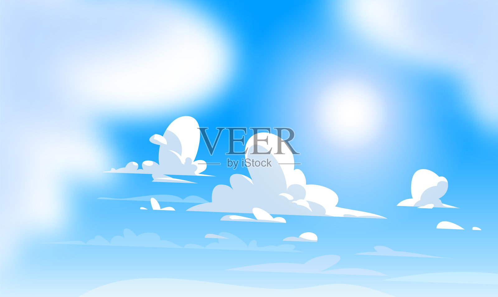 大气照明，蓝天，白云和阳光。卡通风格。插画图片素材