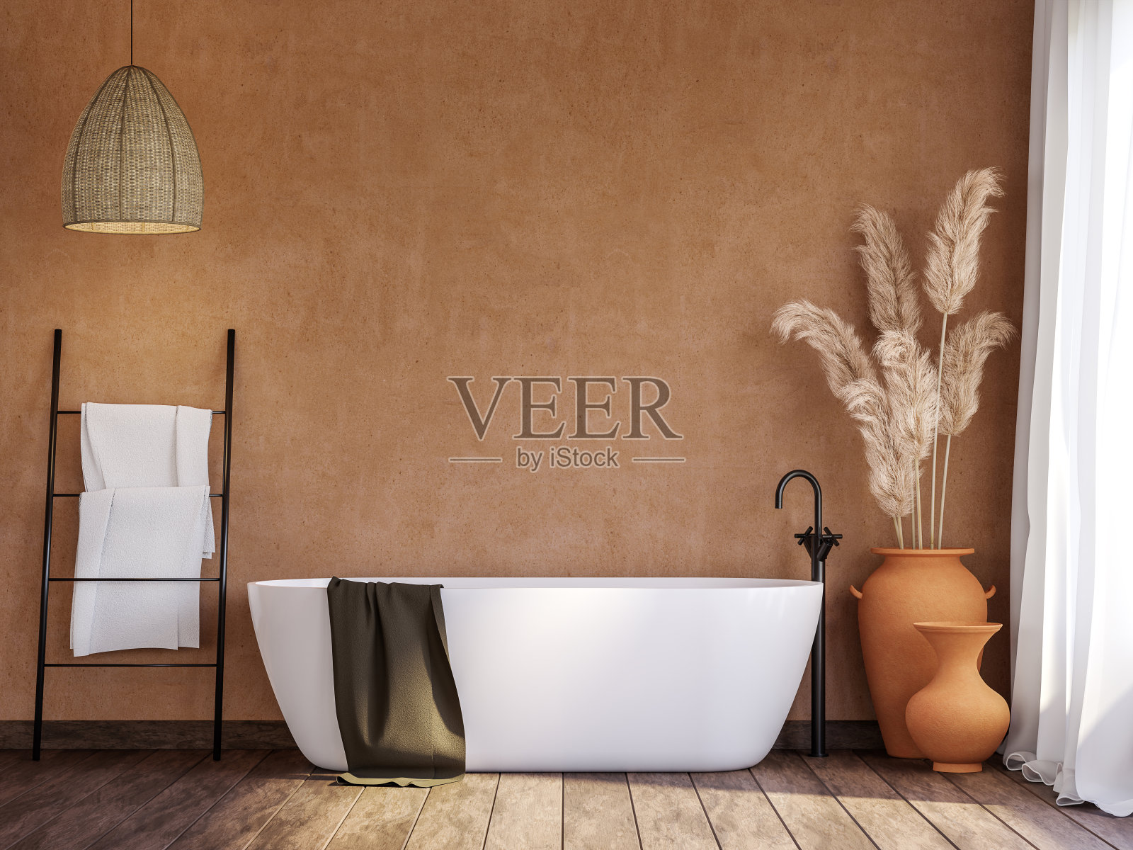 当地风格的浴室与空白橙色墙3d渲染照片摄影图片