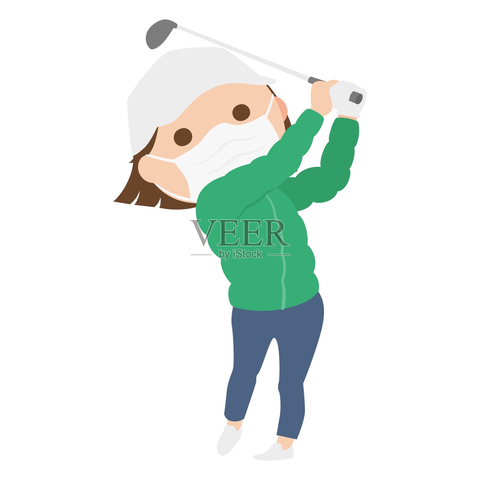 一个年轻女子打高尔夫球的插图。妇女戴运动口罩以防止感染。插画图片素材