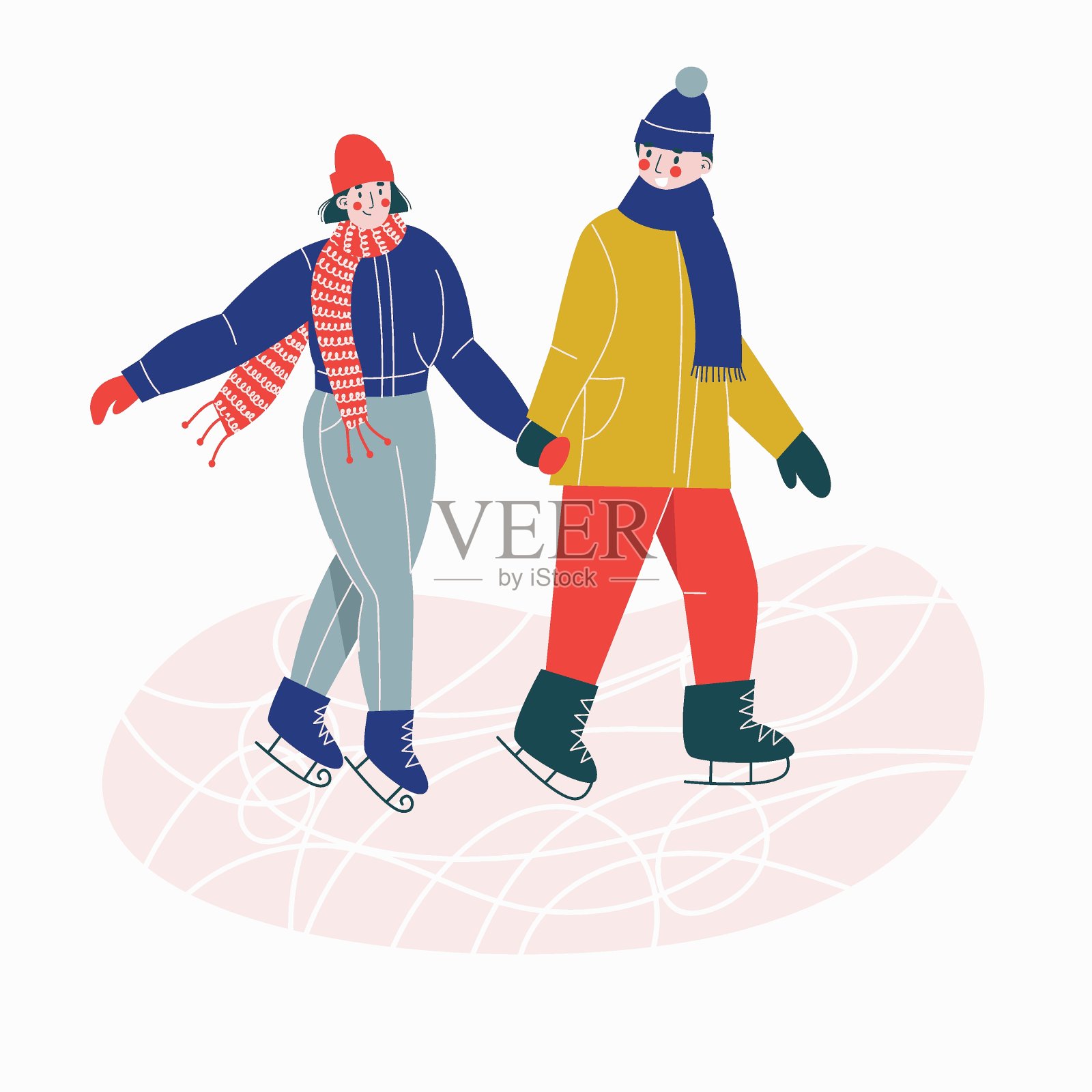 一对年轻男女手牵着手在溜冰场上滑冰。平面向量插图。白色背景。插画图片素材