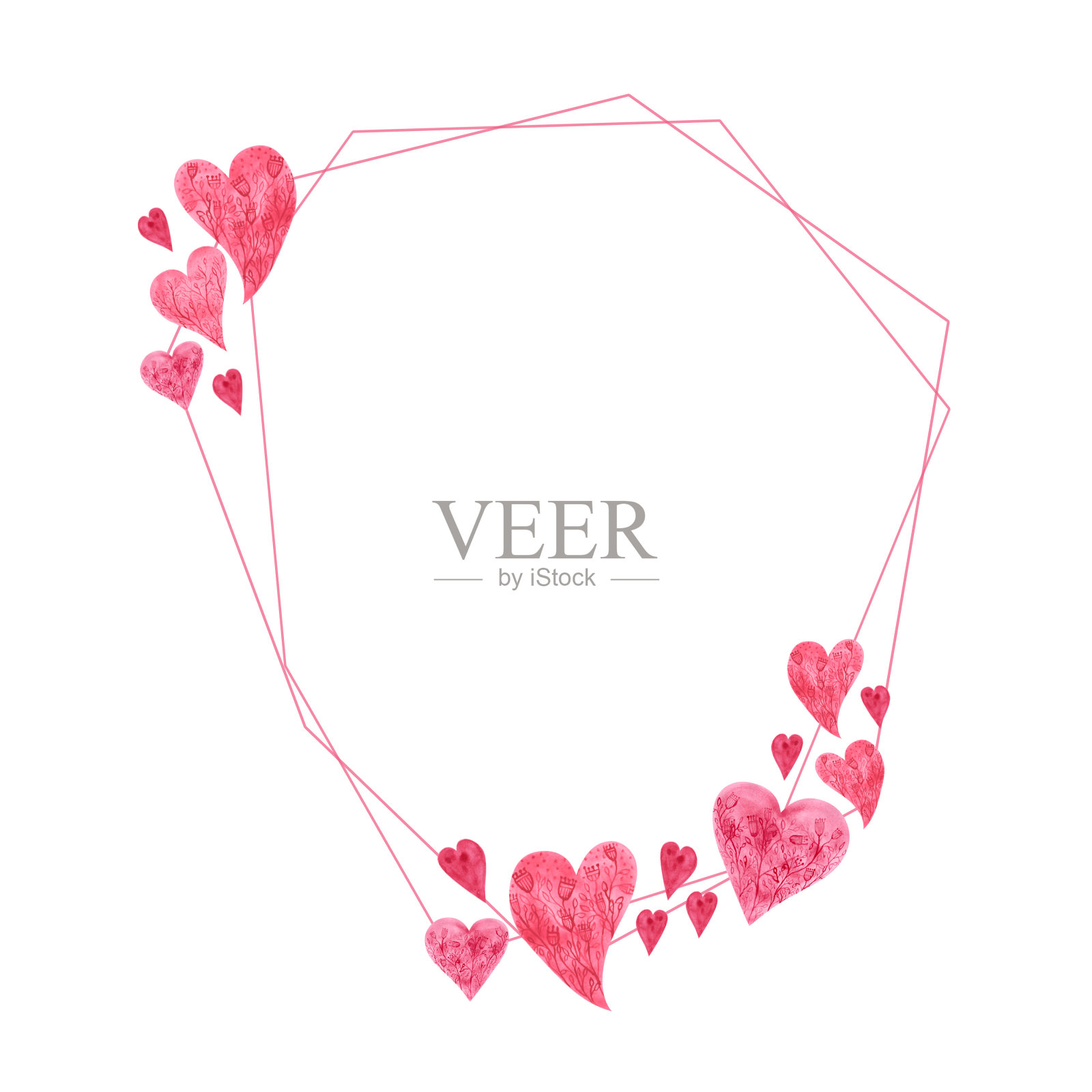 粉色水彩浪漫的框架与心在白色的背景。可爱的情人节花环为您设计。婚礼钻石形状模板。Galentines剪纸艺术。插画图片素材