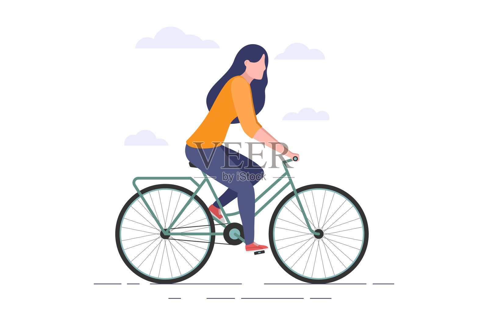 骑自行车的女人。女人骑着自行车，后面有云。平面风格矢量网页插图孤立的白色背景。设计元素图片