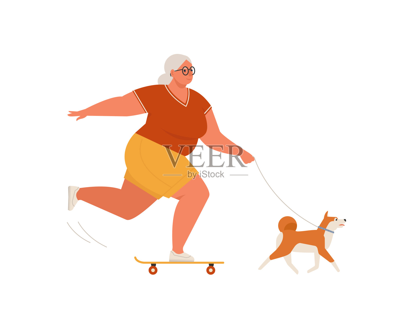 骑滑板或长板带狗的老年妇女。为祖母进行文体健康的体育活动。平面卡通矢量插图。插画图片素材