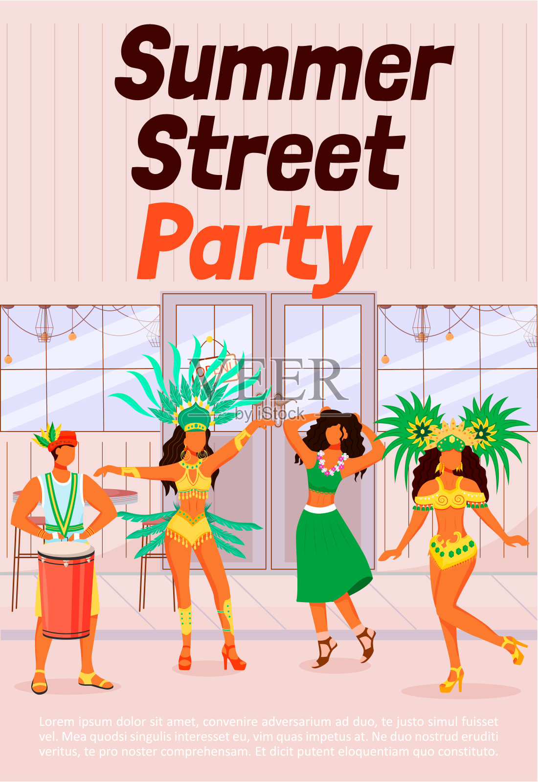 夏季街头派对海报平面矢量模板。穿着传统服装跳舞的妇女。男人用康加舞。Samba。宣传册，小册子一页概念设计与卡通人物。狂欢节传单,传单设计模板素材