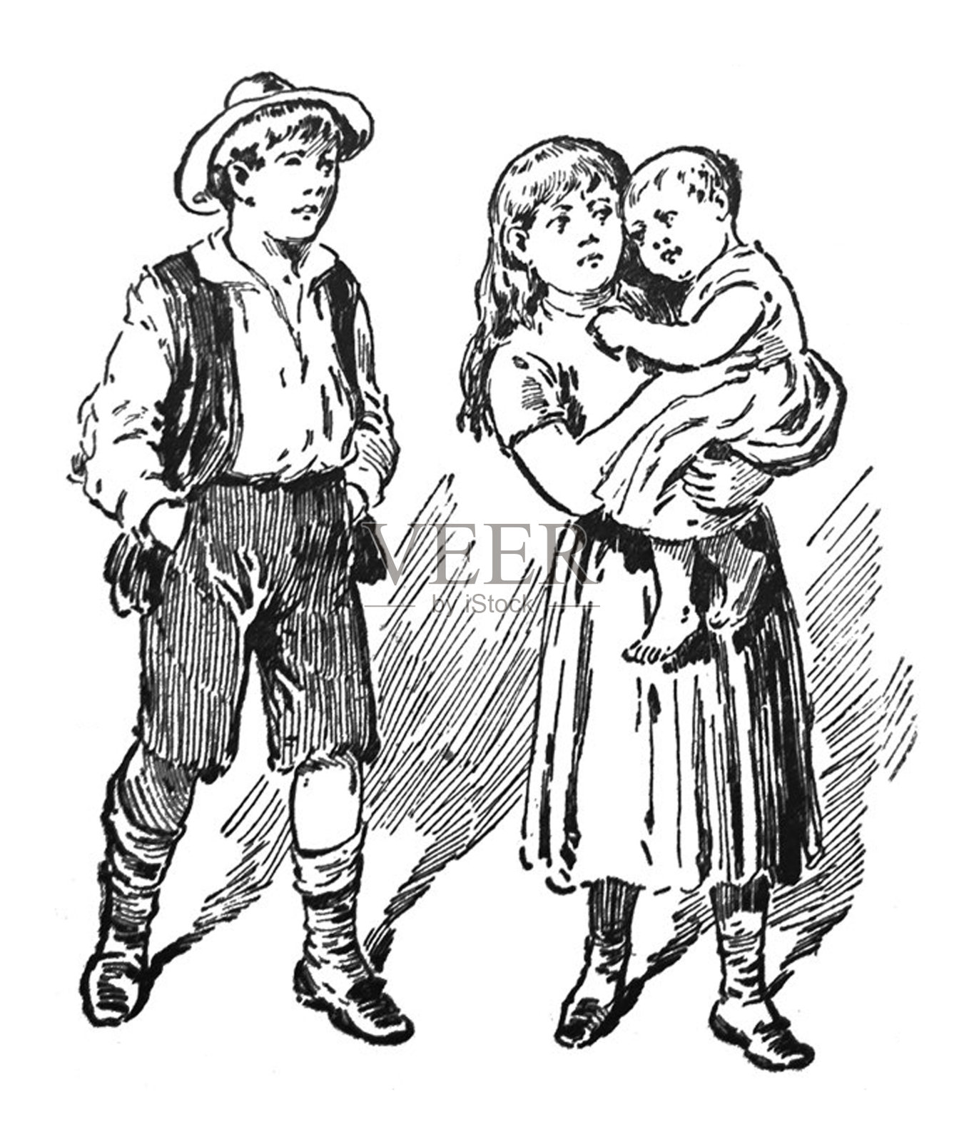 古董插图-瑞普·凡·温克尔-走在一个抱着婴儿的年轻妇女后面插画图片素材