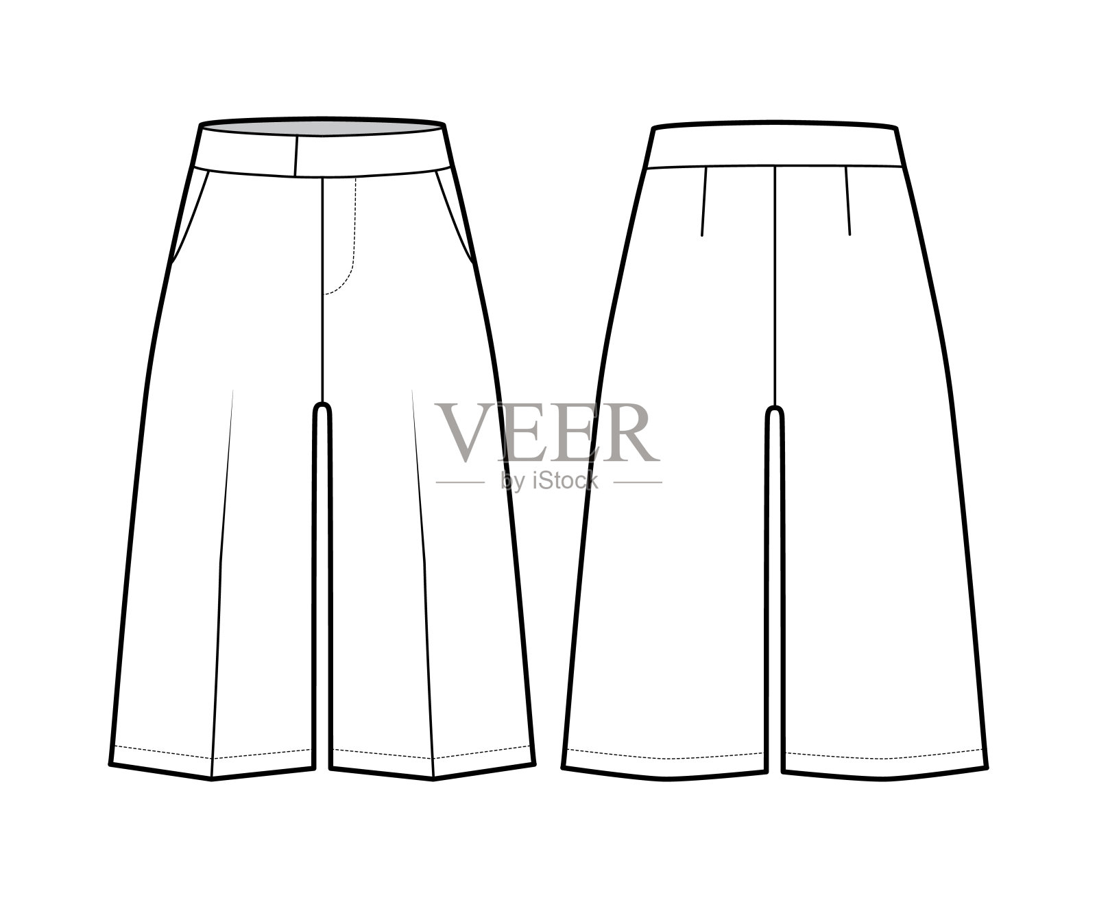 短百慕大西裤技术时尚插图与膝盖长度，正常的腰，高，削减口袋设计元素图片