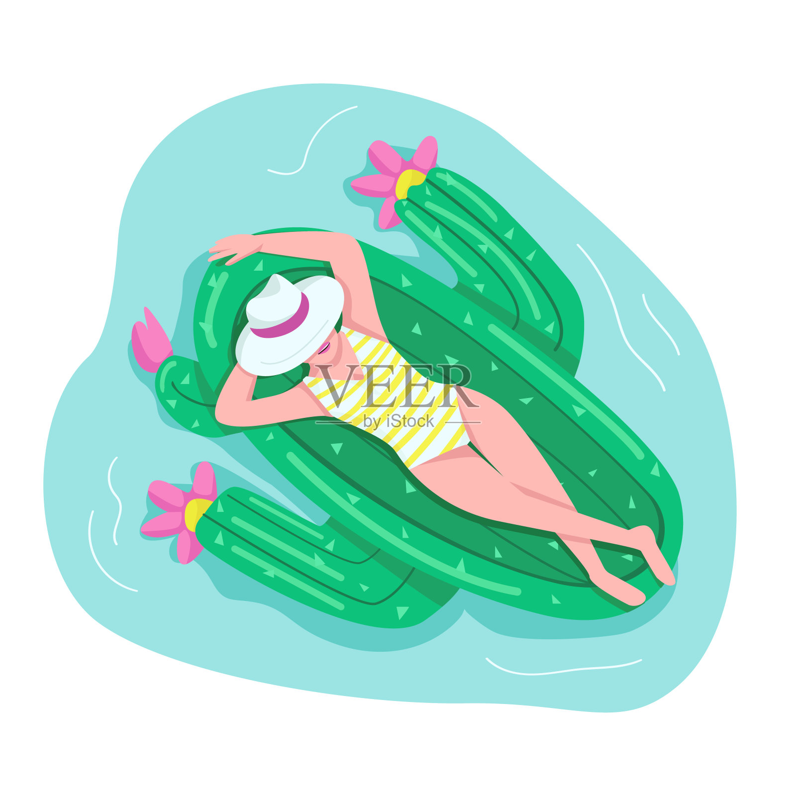睡在气垫上的女人平平的颜色矢量无脸的性格。女性游客日光浴充气玩具。放松在池中。女孩在泳衣躺与帽子孤立的卡通插图插画图片素材