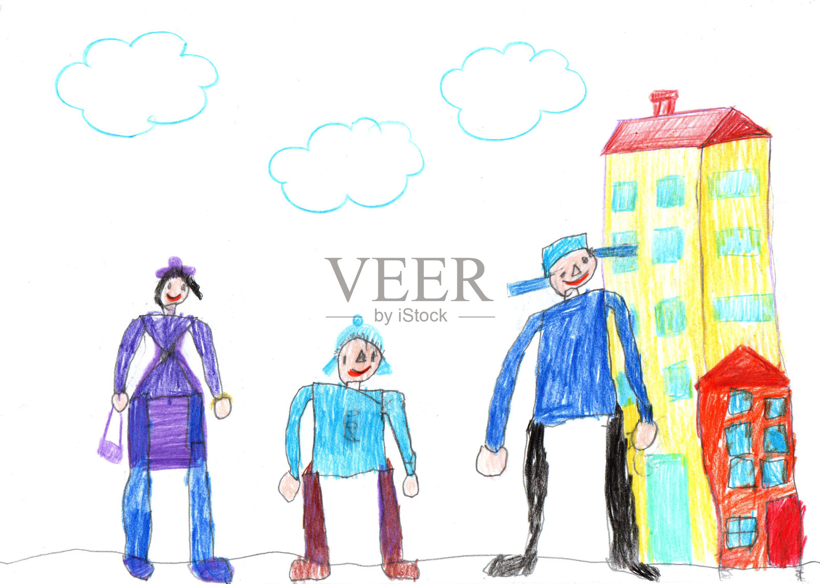 画一个幸福的家庭在户外散步。儿童风格的铅笔艺术插画图片素材