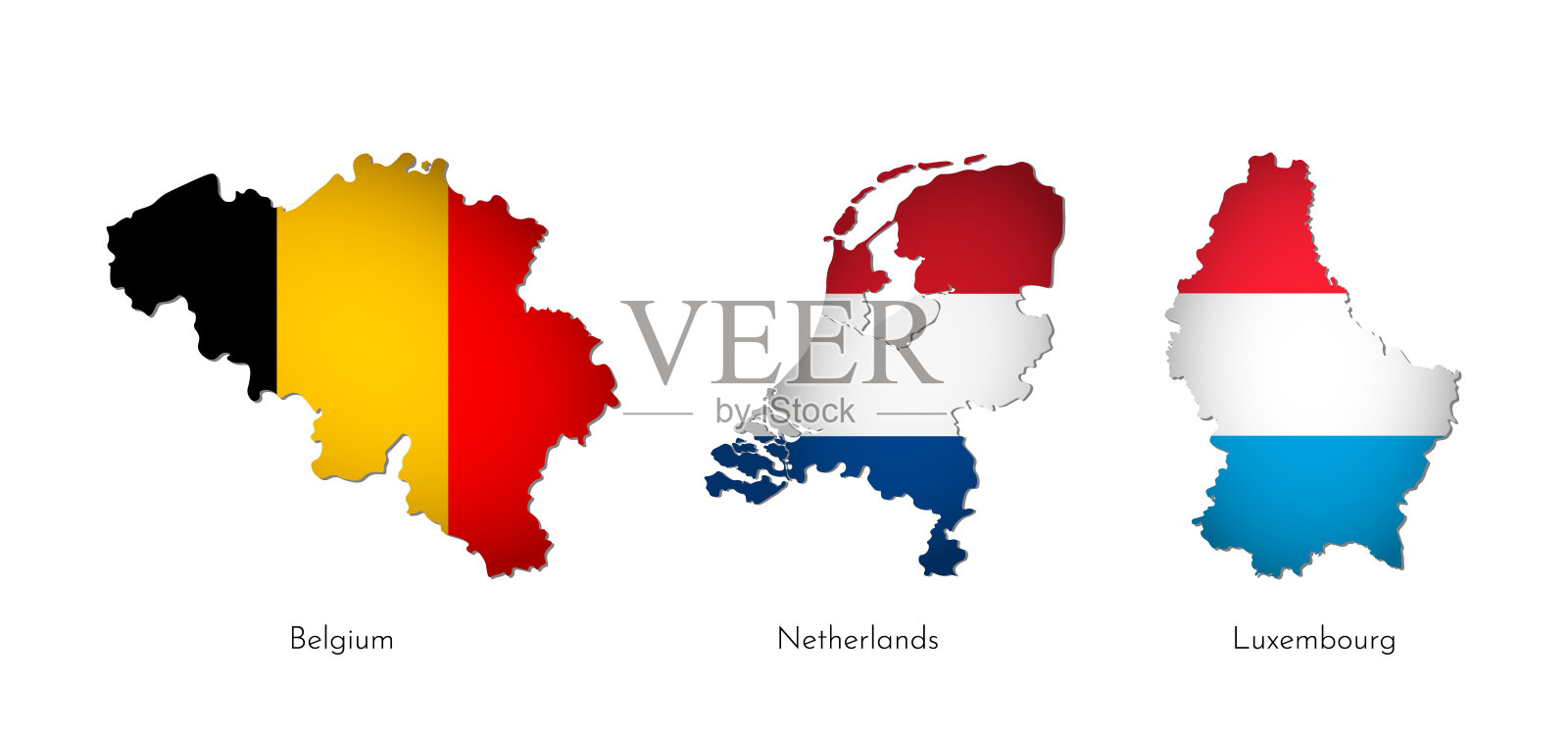 向量插图集孤立的轮廓比荷卢联盟地图(简化形状)。比利时、荷兰、卢森堡国旗。白色背景和国家名称插画图片素材