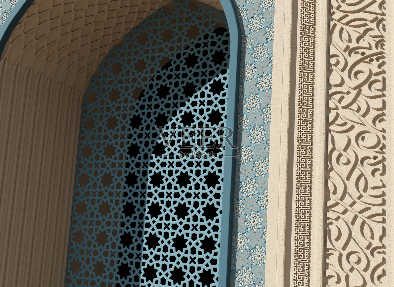 米色清真寺拱门碎片与蓝色花卉和几何图案，石雕和镂空窗照片摄影图片