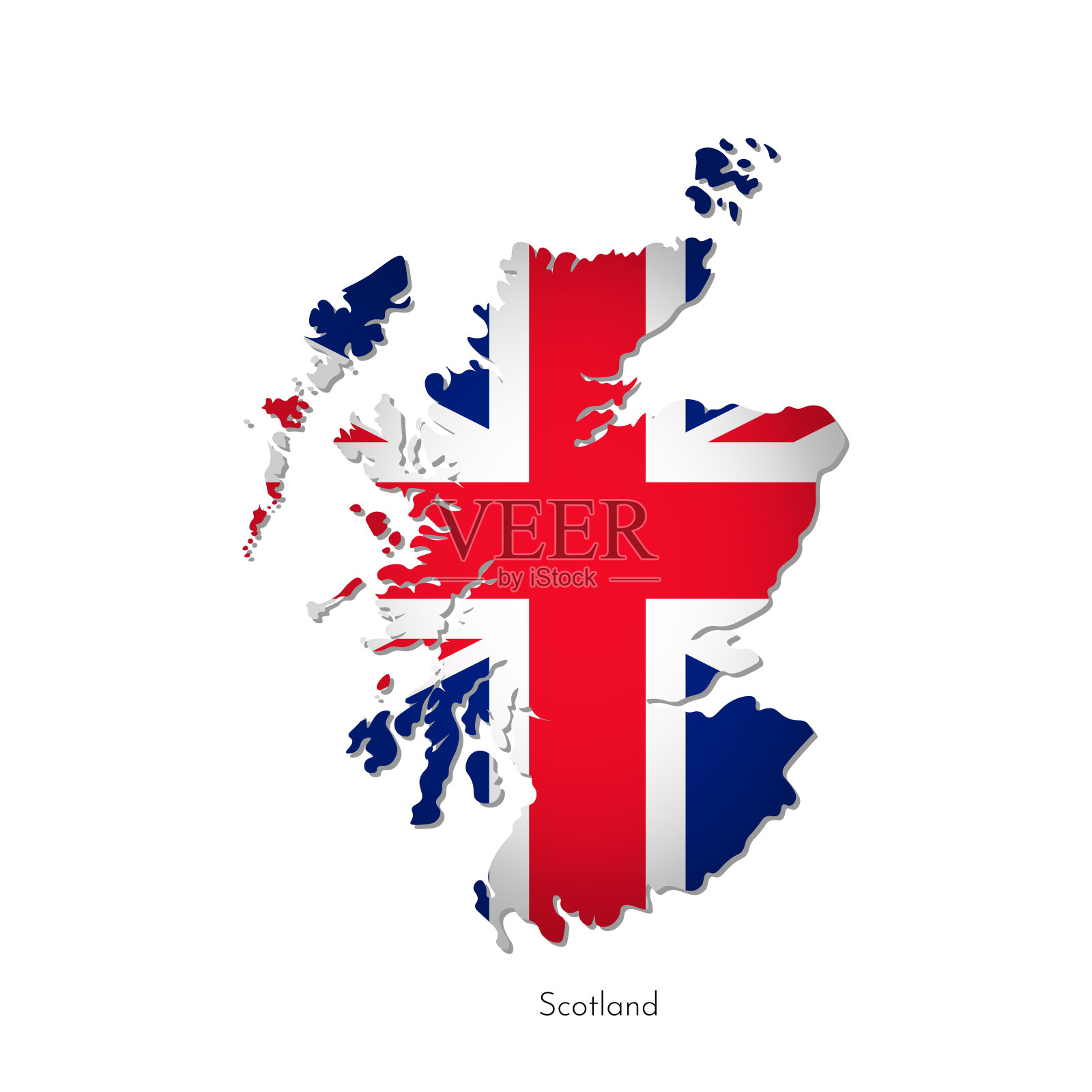 矢量孤立的插图与剪影的苏格兰(大不列颠及爱尔兰联合王国)地图。带十字的英国国旗。白色背景。英国国旗插画图片素材