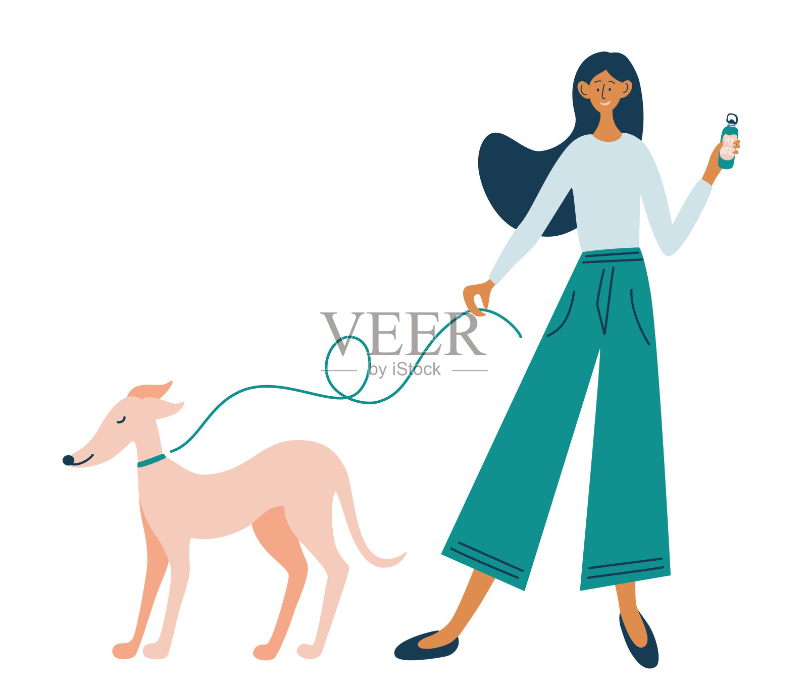年轻快乐的女孩和她的狗在散步。和你心爱的宠物一起散步。设计元素图片