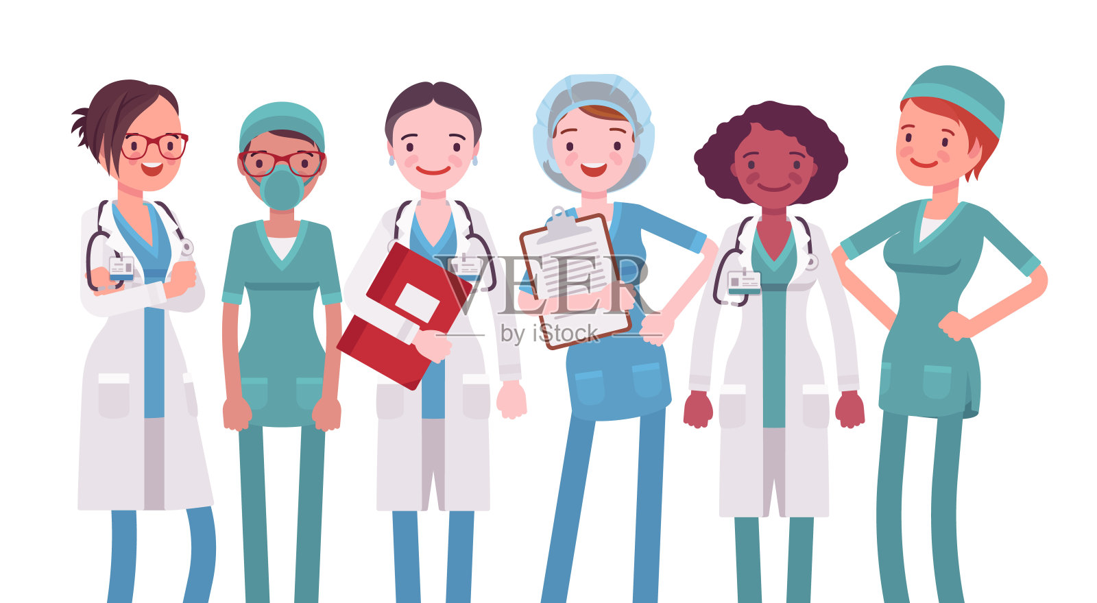 女性医疗专业人员，诊所医生，护士，医院工作人员，急救技术员插画图片素材