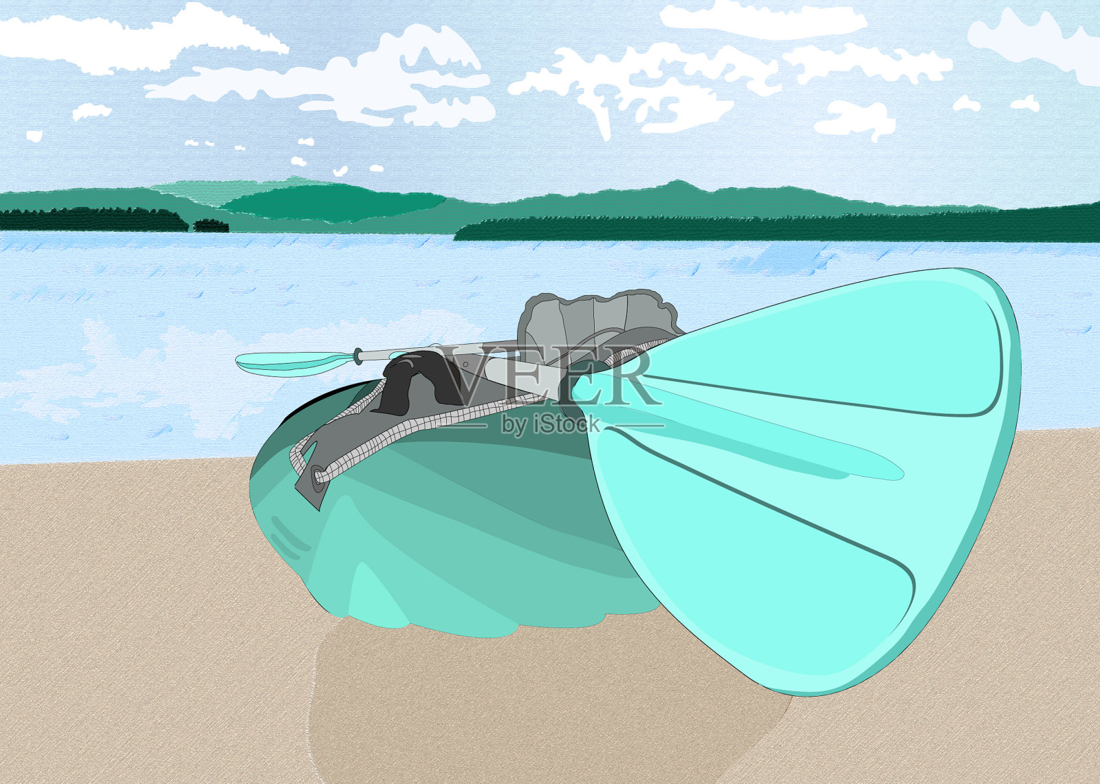 湖上划皮艇插画图片素材