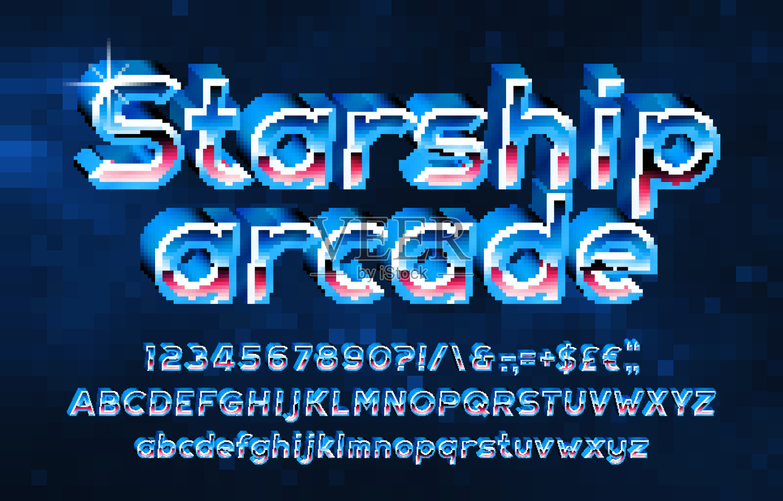 星舰街机字母表字体。像素3D字母，数字和标点符号。像素的背景。插画图片素材