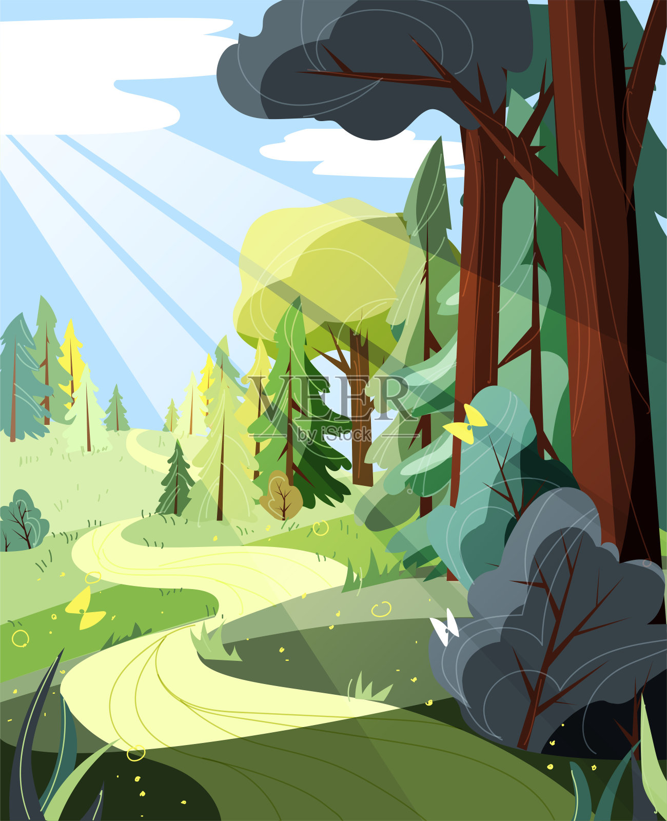 卡通插图幻想森林与树木和下落的阳光插画图片素材