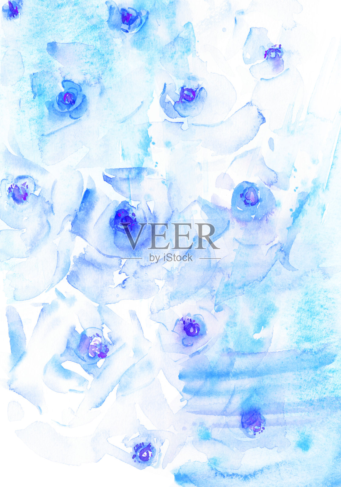 手绘水彩玫瑰花在蓝色grunge抽象背景插画图片素材