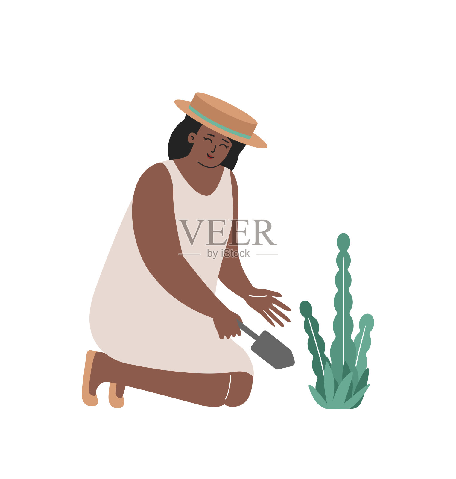矢量平面插图。非裔美国妇女穿着米色草帽和衣服。年轻的成年女性微笑着用铲子在花园里种花。园丁在自然界中插画图片素材