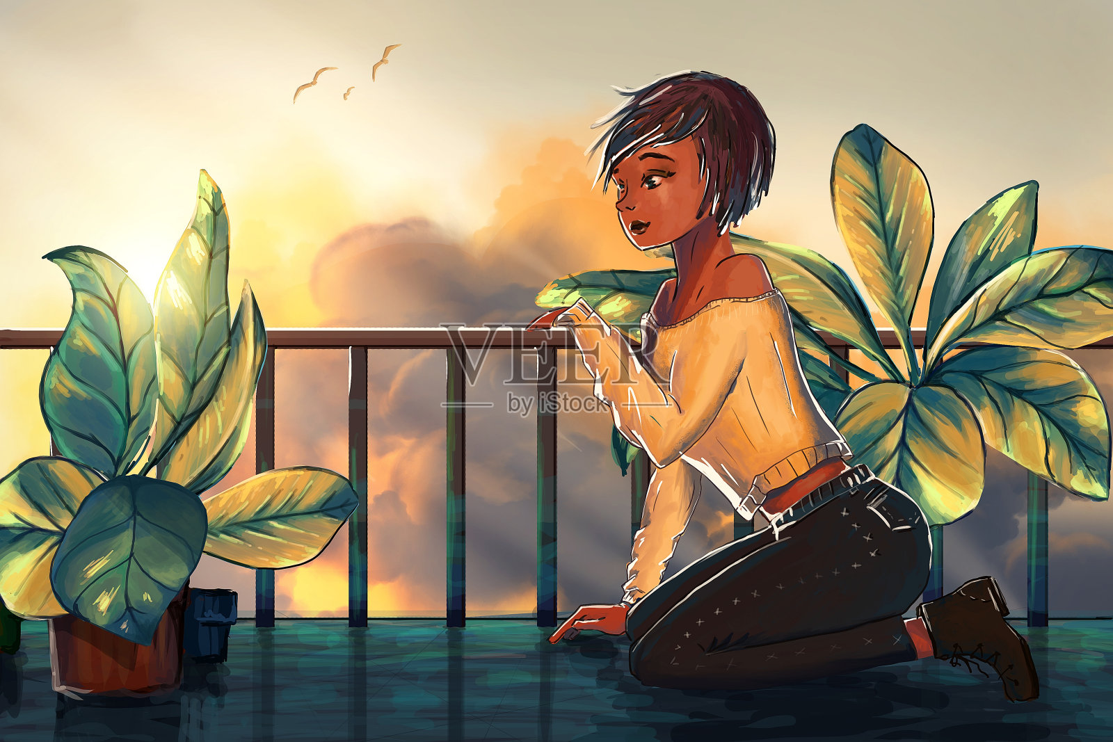 沉思和梦幻的孤独的年轻女子坐在阳台上看云和日落。丰富多彩的画插图。插画图片素材