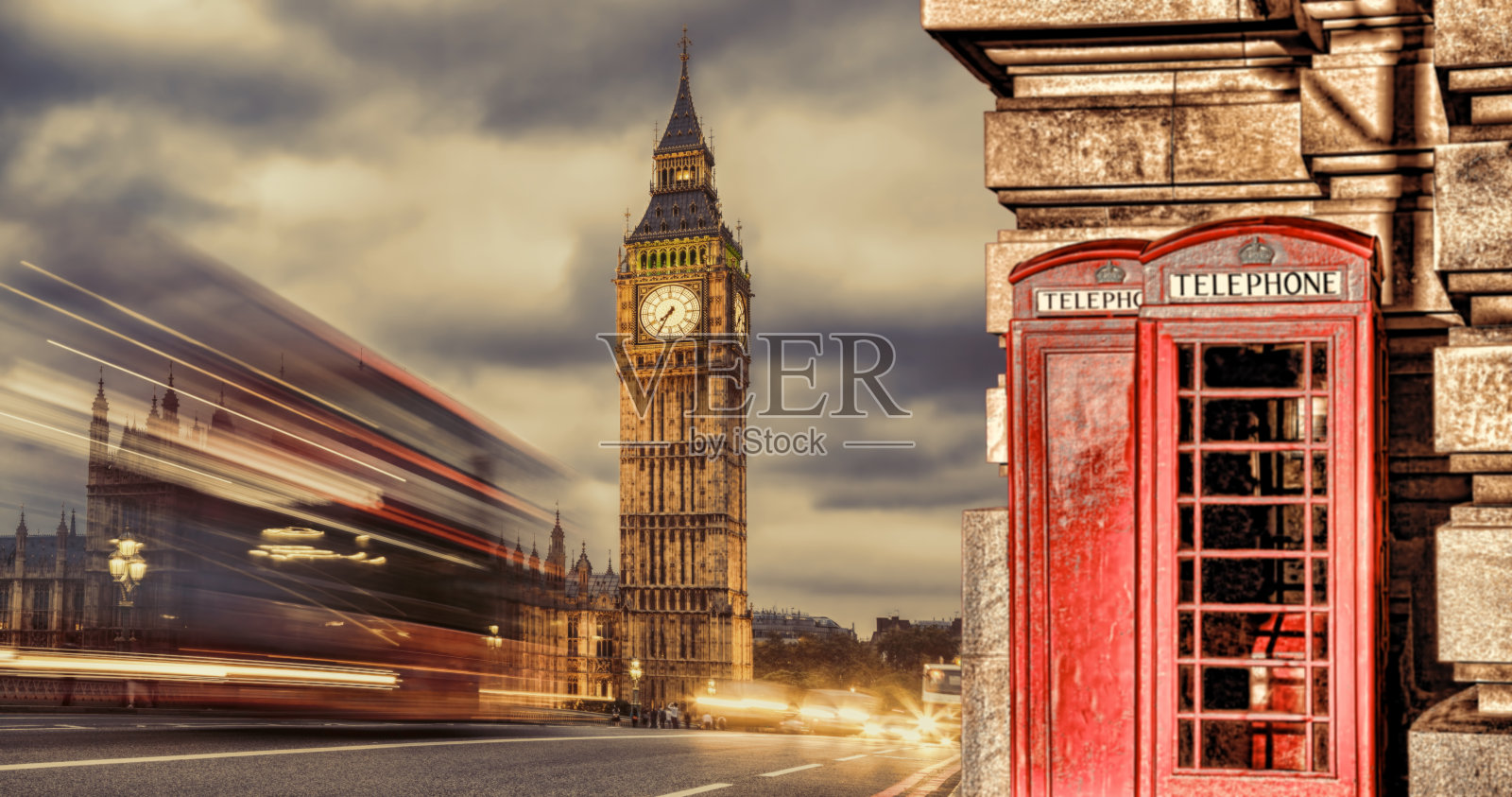 英国伦敦的标志有大本钟、双层公共汽车和红色电话亭照片摄影图片