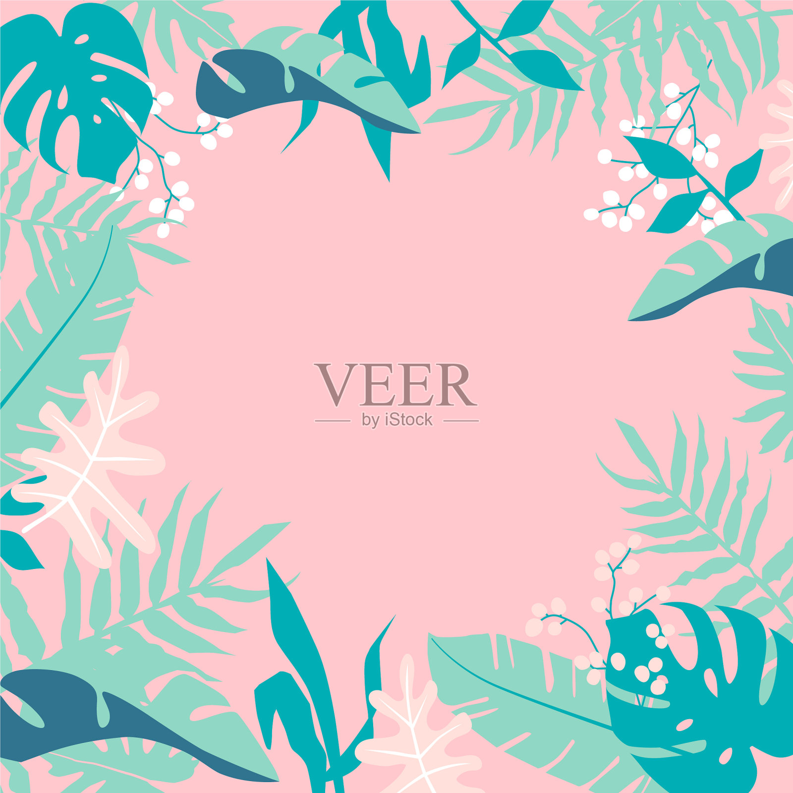 热带丛林的树叶框架在粉红色的背景插画图片素材