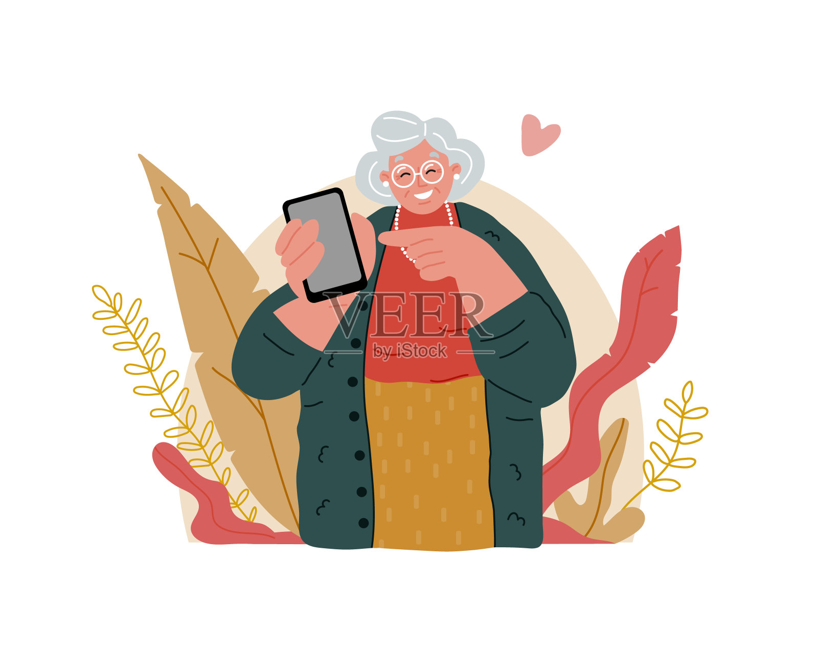 一位年迈的祖母正拿着手机。使用智能设备的高级人员。插画图片素材