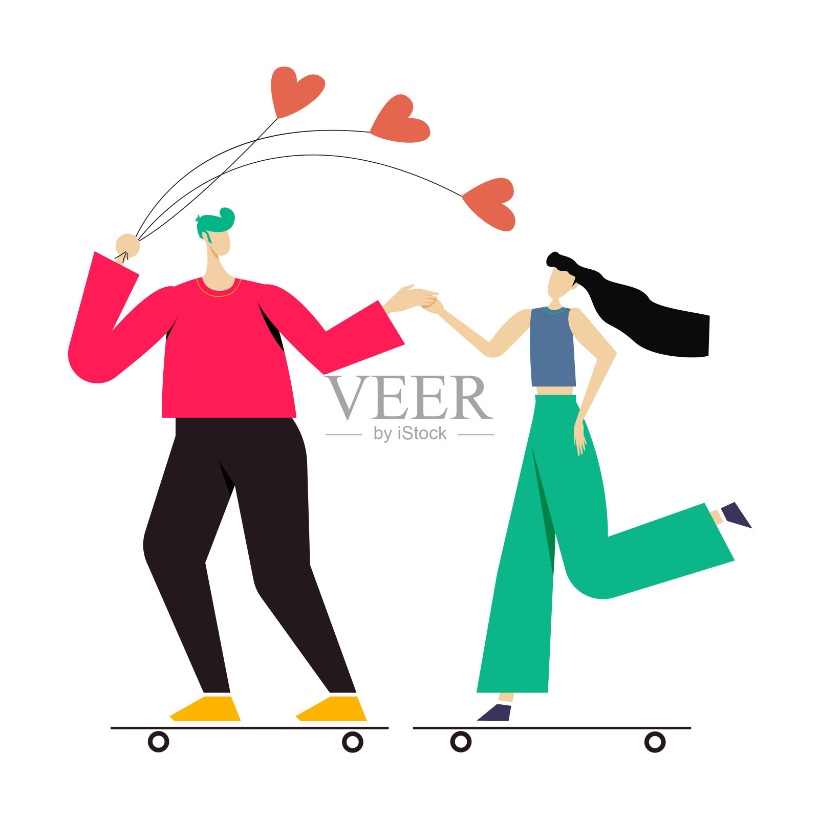 年轻夫妇玩冲浪与滑板或冲浪溜冰矢量。插画图片素材