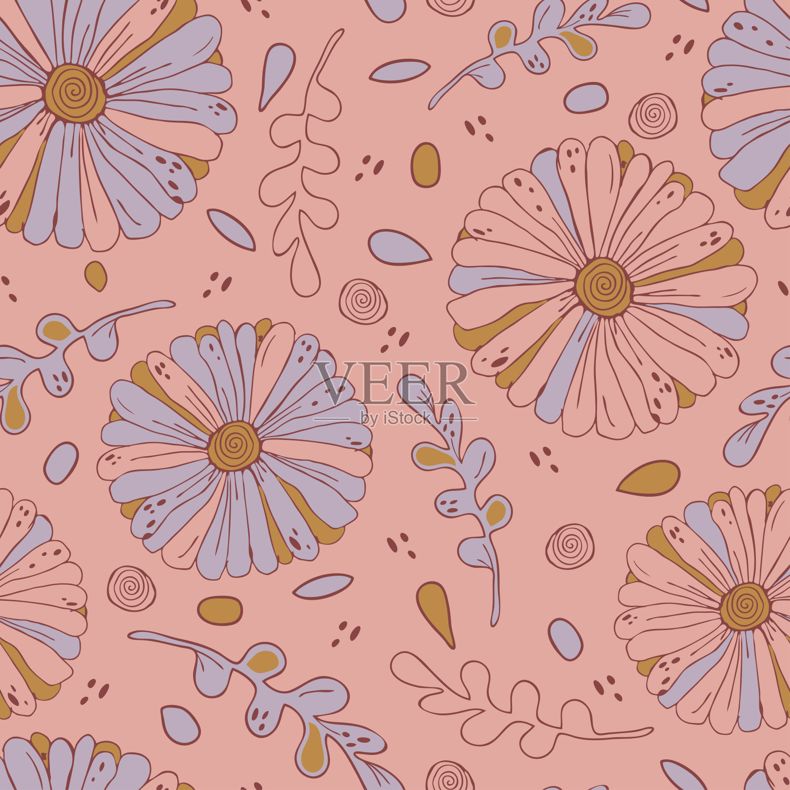 无缝矢量模式与手绘雏菊的粉红色背景。浪漫的花香墙纸纹理。夏花时装纺织品。插画图片素材