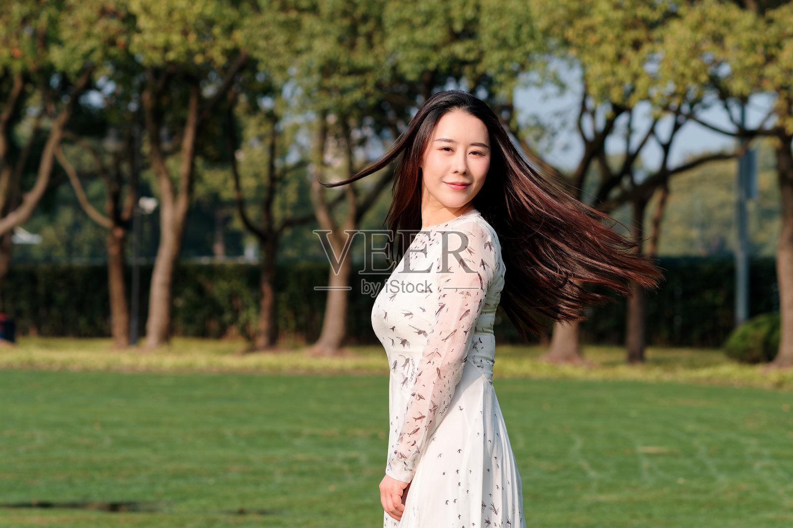 美丽的中国女人与黑色的长发微笑和转身与她的飞扬的头发在风在阳光明媚的日子。照片摄影图片