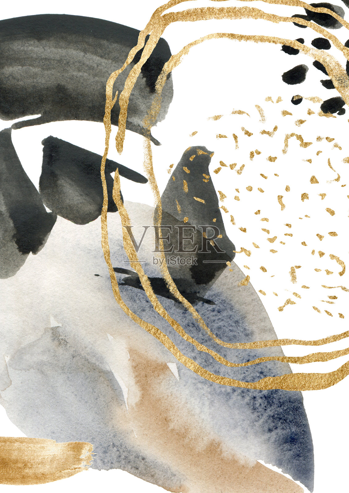 水彩抽象海报与蓝色，黑色，米色和金色斑点。手绘粉彩插图孤立的白色背景。用于设计、印花、织物或背景。插画图片素材