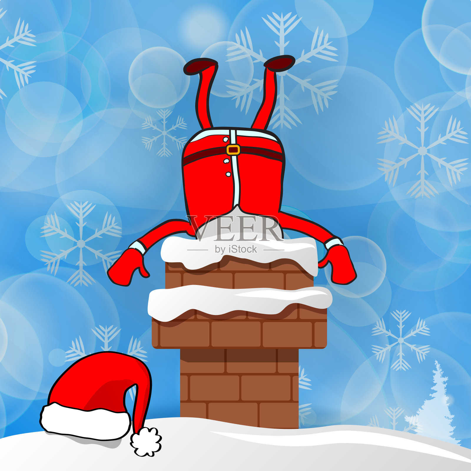 一名身着圣诞老人服装的男子被卡在屋顶的烟囱里，背景是蓝色的雪地插画图片素材