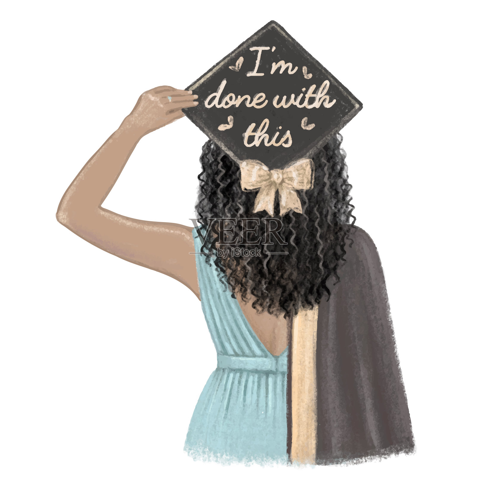 黑人女孩毕业了，学生戴着帽子，穿着长袍。手绘插图插画图片素材