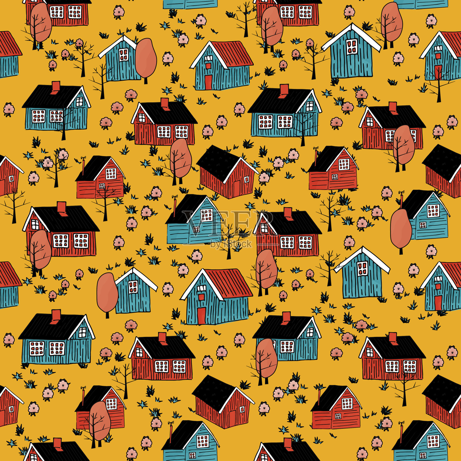 黄色、粉红色、蓝色斯堪的纳维亚木制房屋插画图片素材