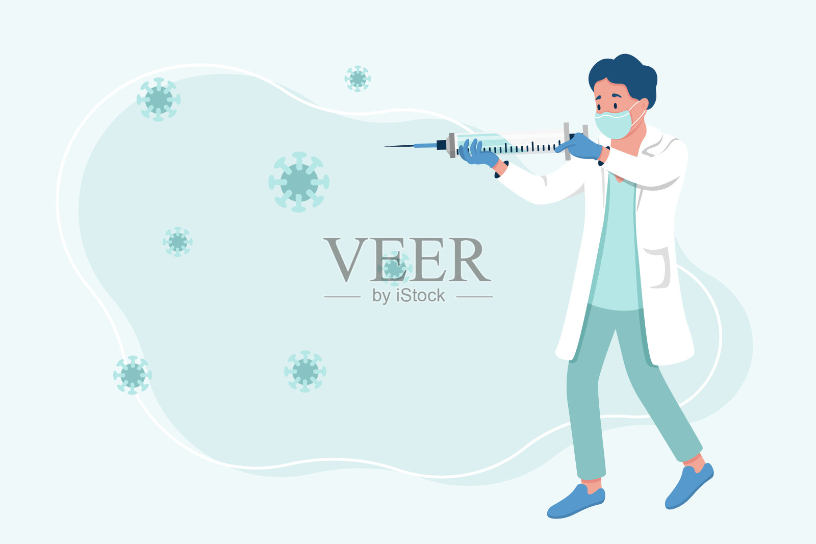 医生用巨大的注射器作为对抗冠状病毒的武器。插画图片素材