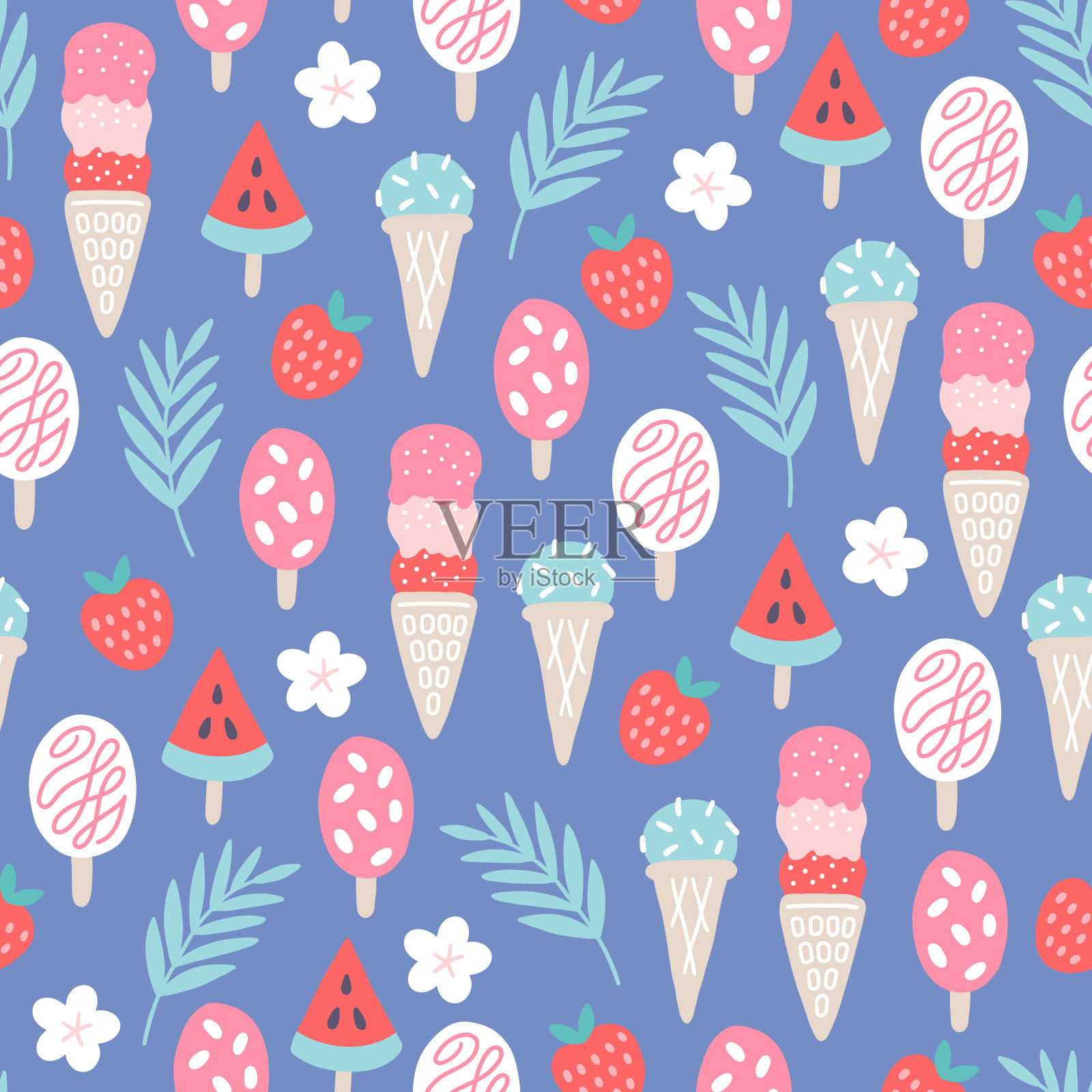 食品无缝图案有冰淇淋、鲜花、草莓、树叶插画图片素材